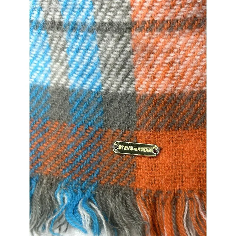 Steve Madden Scarf Womens One Size Reversible Plaid Houndstooth Gray Orange Blue
